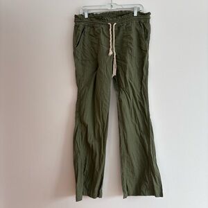 Roxy Linen Blend Green Pants Mid Rise Straight Leg Beach Travel Vacation Large